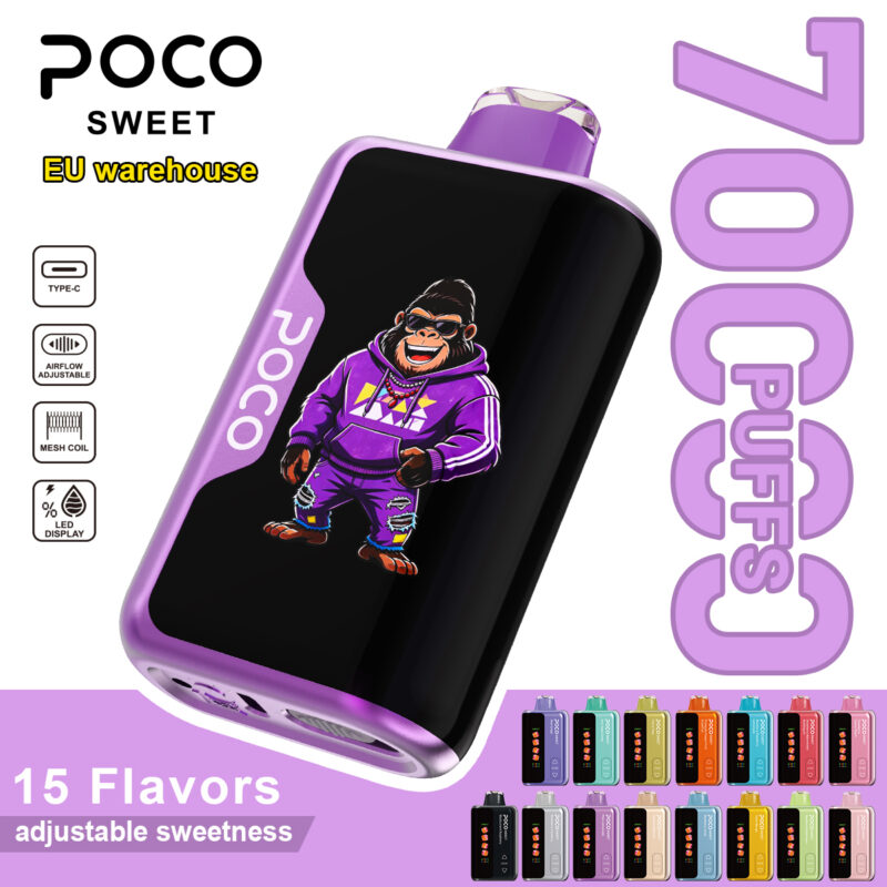 POCO Sweet 70000 disposable vape featuring a purple theme, a gorilla character graphic, and 70,000 puff capacity.