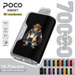 POCO Sweet 70000 disposable vape device with a gorilla graphic and various color options representing its 15 available flavors.