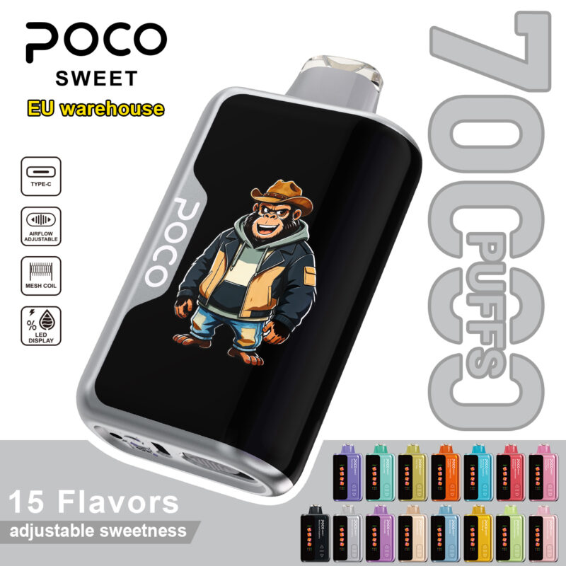 POCO Sweet 70000 disposable vape device with a gorilla graphic and various color options representing its 15 available flavors.