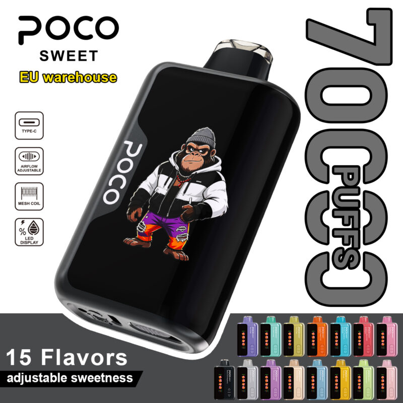 POCO Sweet 70000 disposable vape featuring a gorilla graphic and 70,000 puff capacity.