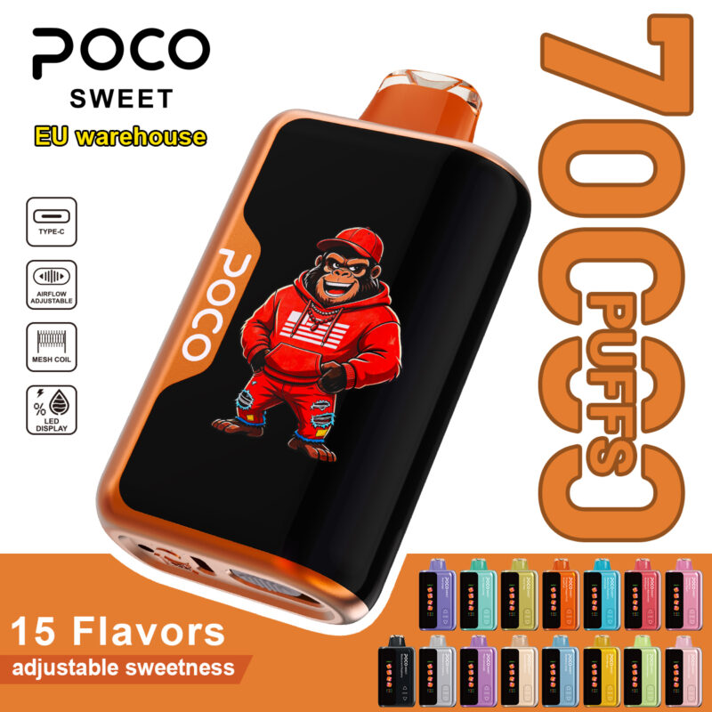 POCO Sweet 70000 disposable vape featuring 70,000 puffs, adjustable sweetness, and a gorilla graphic design.