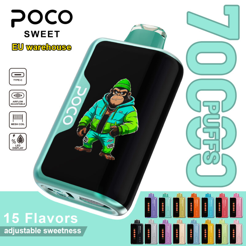 POCO Sweet 70000 disposable vape featuring a gorilla illustration and 70,000 puff capacity.