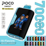 POCO Sweet 70000 disposable vape featuring a 70,000 puff capacity, adjustable sweetness, and a character graphic.