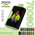 POCO Sweet 70000 disposable vape in green featuring a gorilla graphic with a collection of available flavor variants below.