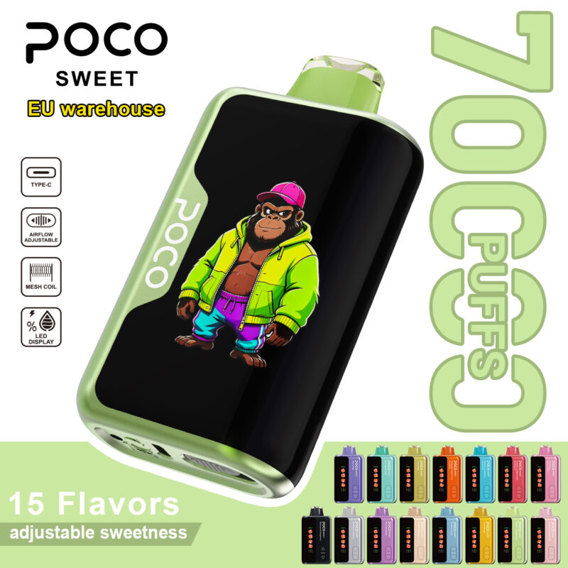 POCO Sweet 70000 disposable vape in green featuring a gorilla graphic with a collection of available flavor variants below.