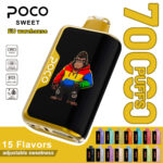 POCO Sweet 70000 disposable vape featuring 70,000 puffs, a mesh coil, and adjustable sweetness, shown with its 15 flavor color variants.