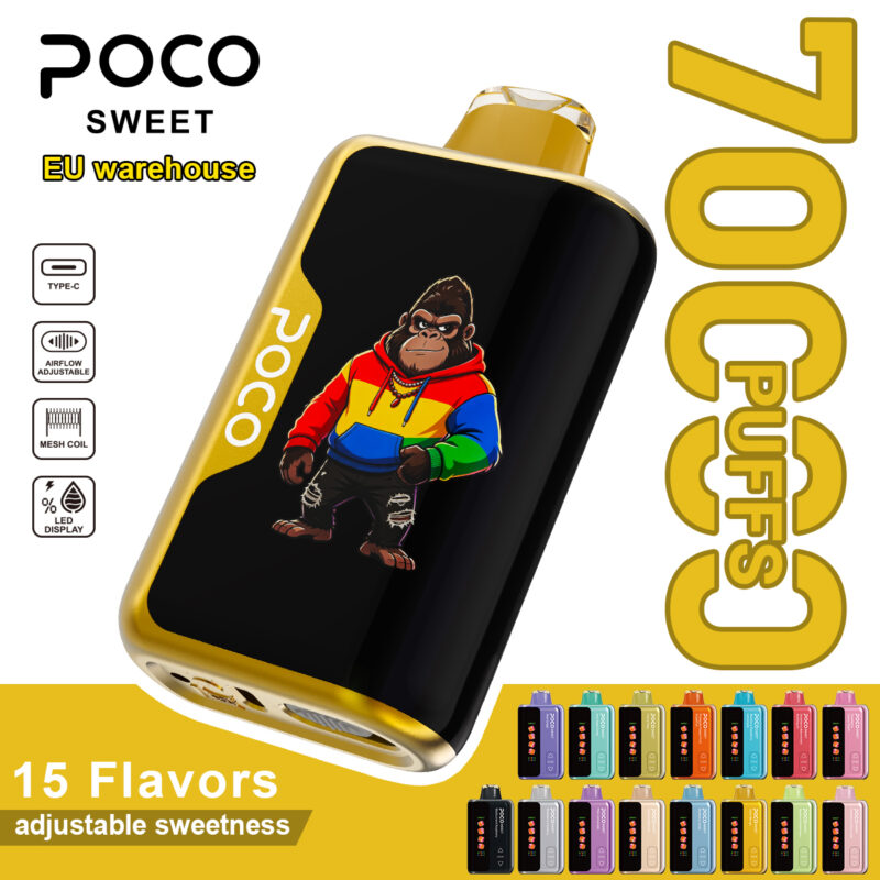 POCO Sweet 70000 disposable vape featuring 70,000 puffs, a mesh coil, and adjustable sweetness, shown with its 15 flavor color variants.
