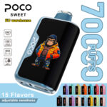 POCO Sweet 70000 disposable vape device showcasing a gorilla graphic and various color options for its 15 available flavors.