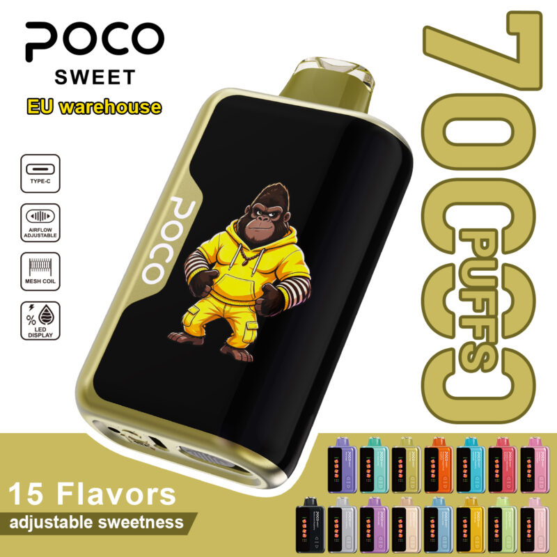 POCO Sweet 70000 disposable vape featuring 70,000 puffs and adjustable sweetness with a gorilla graphic.