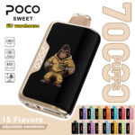POCO Sweet 70000 disposable vape in black and gold featuring a gorilla graphic and 70,000 puff capacity.