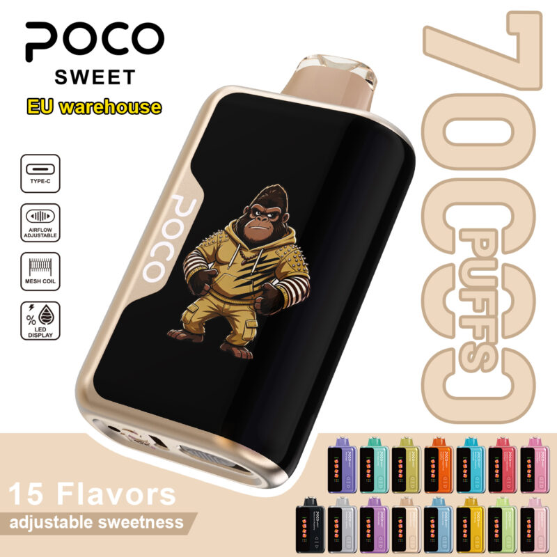 POCO Sweet 70000 disposable vape in black and gold featuring a gorilla graphic and 70,000 puff capacity.