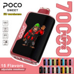 POCO Sweet 70000 disposable vape featuring 70,000 puffs and adjustable sweetness with a colorful collection of available flavor variants.