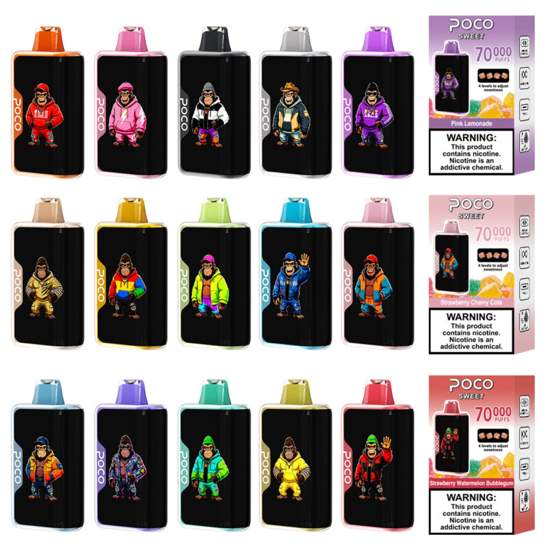 An array of POCO Sweet 70000 disposable vape devices in various colorful styles, including packaging boxes for different flavors.