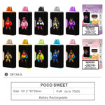 Collection of POCO Sweet 70000 disposable vape devices in various colors with matching packaging boxes.
