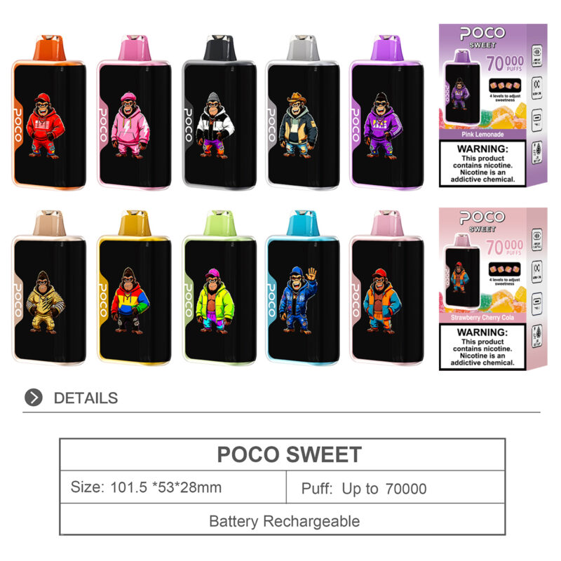 Collection of POCO Sweet 70000 disposable vape devices in various colors with matching packaging boxes.