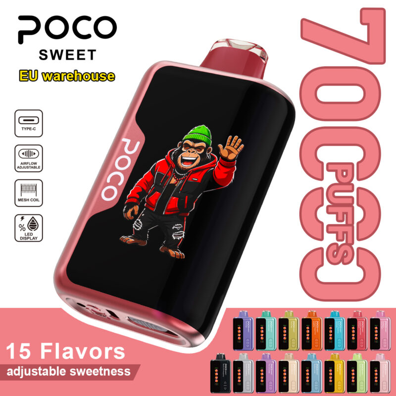 POCO Sweet 70000 disposable vape featuring 70,000 puffs and adjustable sweetness with a colorful collection of available flavor variants.